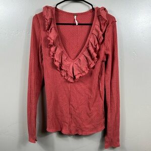 Free People Bennet Ruffles v Neck Slit Cuff Cute Long Sleeve Thermal Top Medium